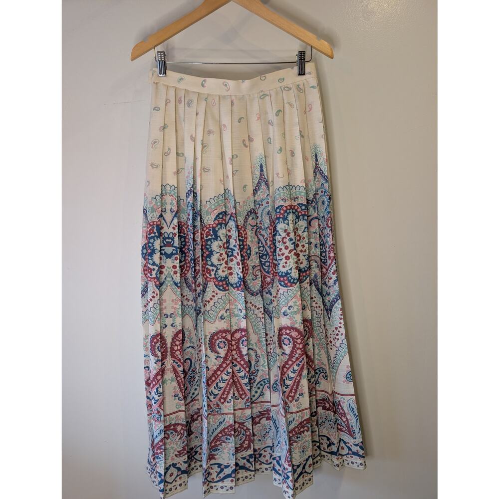 Vintage 80s Sears Pleated Paisley Maxi Skirt Border Print Cream Boho Size 14 - Picture 8 of 8